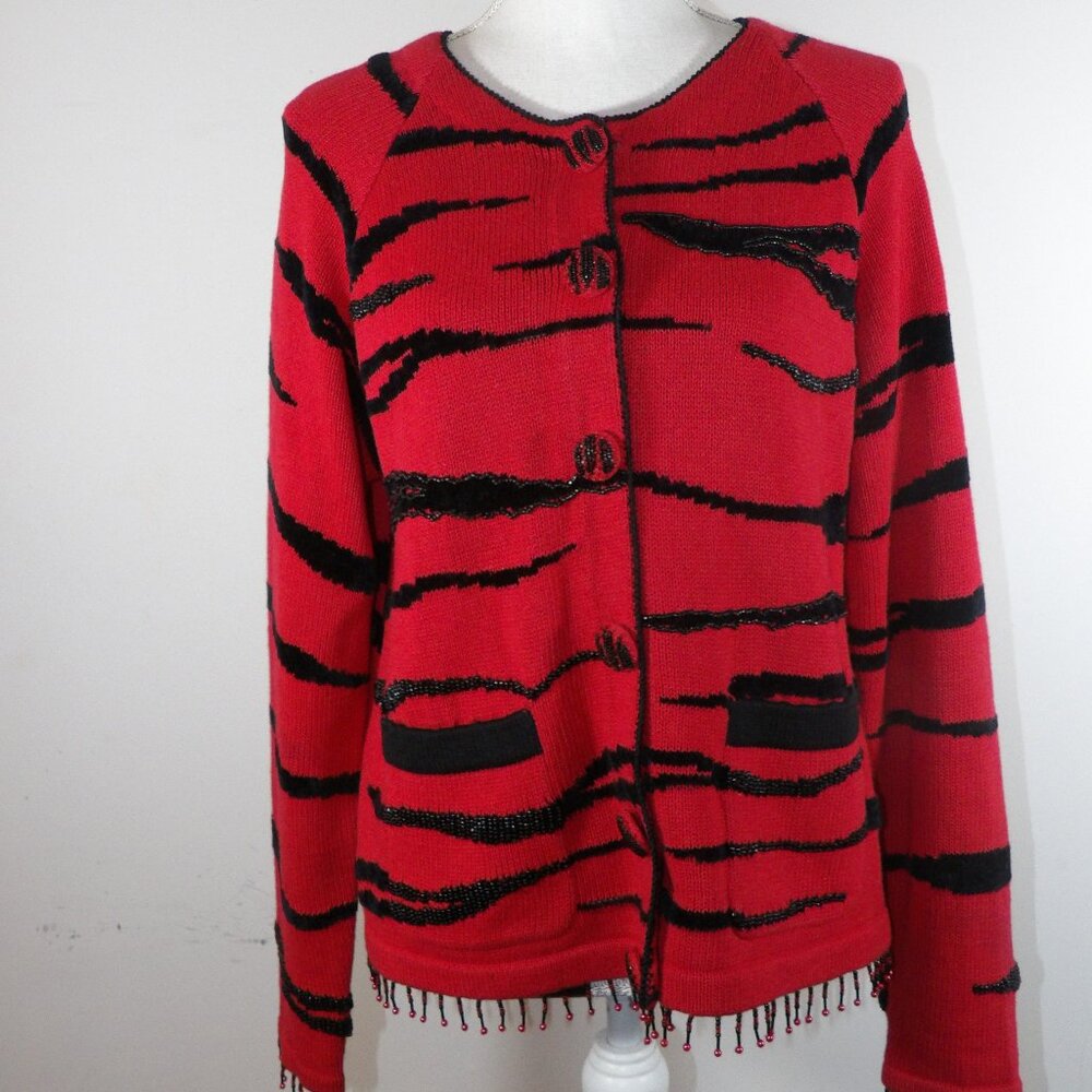 Share Red Striped & Beaded BEREK Sweater Size Medium